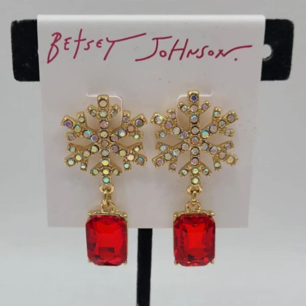 Betsey Johnson Pave Snowflake Earrings with Red Crystal Drops NWT!  NEW!